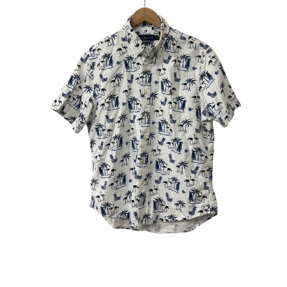 Ralph Lauren White Blue Shirt Mens Large Button Up Classic Fit Flamingo Hawaiian